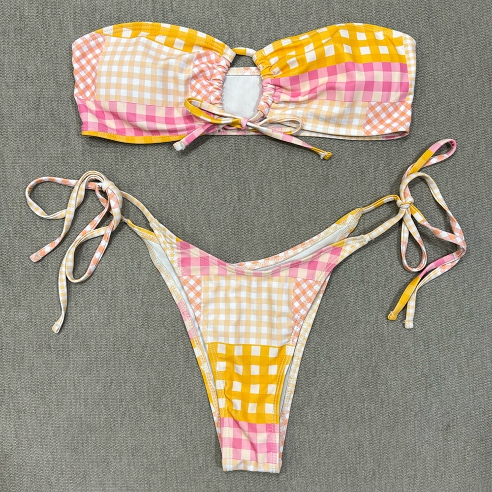 Pink & Orange Patchwork Checkered Tie Bikini Set